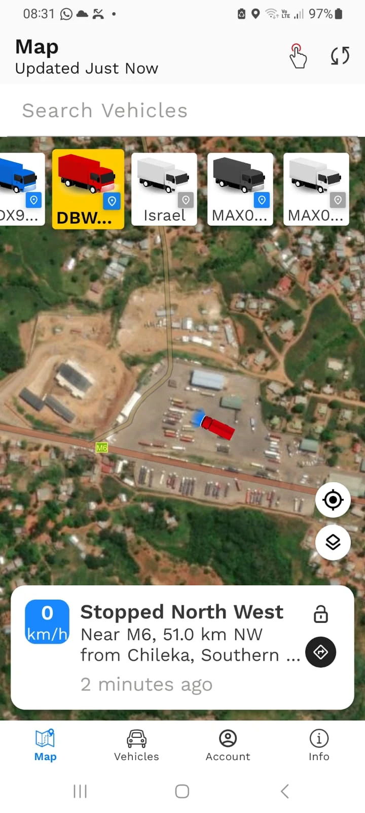 Example from the delivery tracking system showing a vehicle location and stopped status